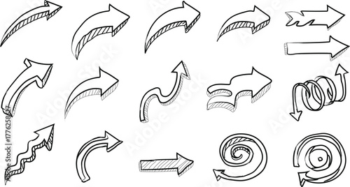 Collection of Hand Drawn Arrows Doodle Style Black and White Vector Illustration Showing Direction Movement Navigation Guidance Choice Different Designs