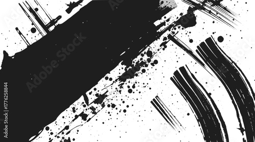 Abstract black ink brush stroke with splatters