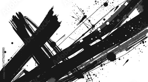 Dynamic black ink brush strokes and splatters on