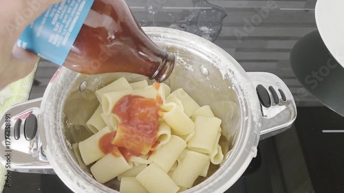 Man Mixing Macaroni with Fresh Tomato Sauce