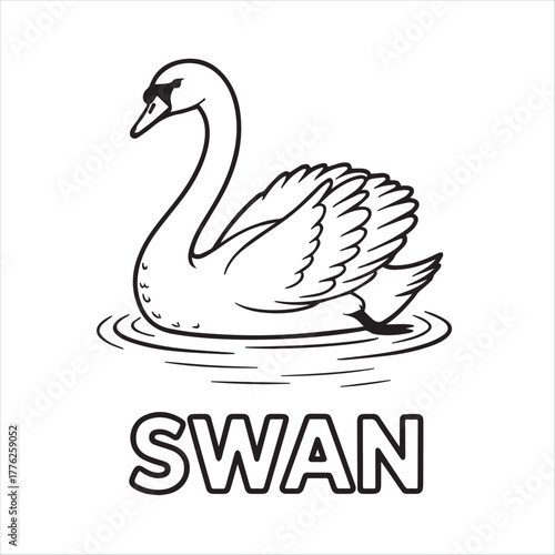 Black and white drawing shows a swan gliding serenely on the calm water surface, kids’ coloring pages, kids, coloring, pages,