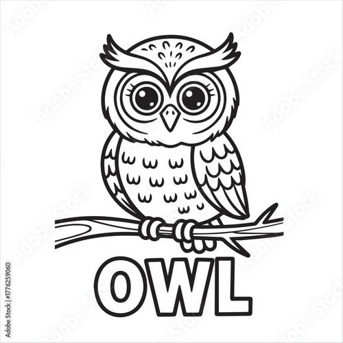 Black outlined cartoon owl illustration is perched on a branch; the background is transparent, kids’ coloring pages, kids, coloring, pages,
