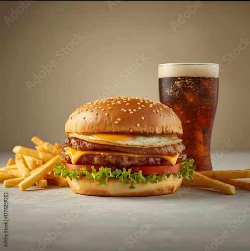 Hamburger menu with fries and cola