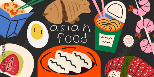 Asian cuisine cartoon banner in retro doodle style. Asian street food, traditional dishes, noodles, sushi, seafood. Vector food illustrations for banner, flyer, brochure, advertising