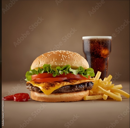 Hamburger menu with fries and cola
