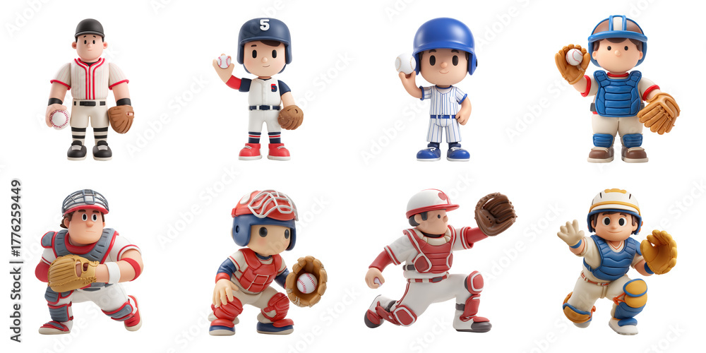 Fototapeta premium Cartoon baseball pitcher png collection in 3d transparent for sport character presentation.