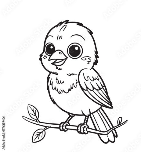 Cute cartoon bird is perched on a branch in outline style, kids’ coloring pages, kids, coloring, pages,