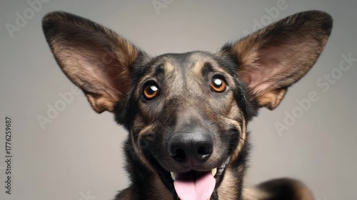 Close up portrait of brown dog with big ears and expressive eyes looking directly at camera. Cute funny pet animal concept for veterinary clinic, hospital advertisement.