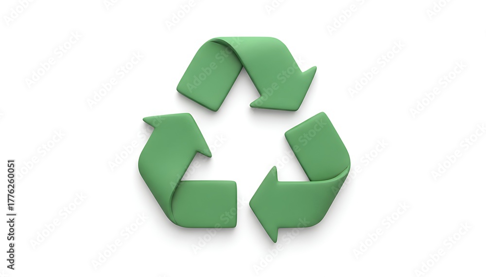 Obraz premium 3D Clay-Style Recycling Icon Made of Curved Green Arrows, Smooth Surface, Isolated on White Background