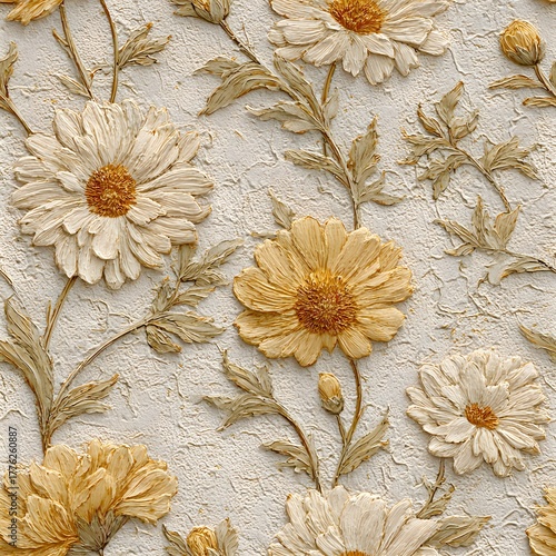 Vintage floral embossed wallpaper with delicate cream and yellow flowers and green leaves