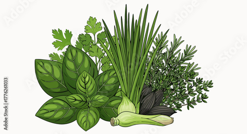 A vibrant illustration of fresh herbs, including basil, chives, and parsley, artfully arranged for culinary inspiration
