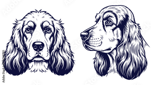 Cocker Spaniel Front And Side Head Views, Black And White Line Art Portrait Vector For Sporting Dog Labels