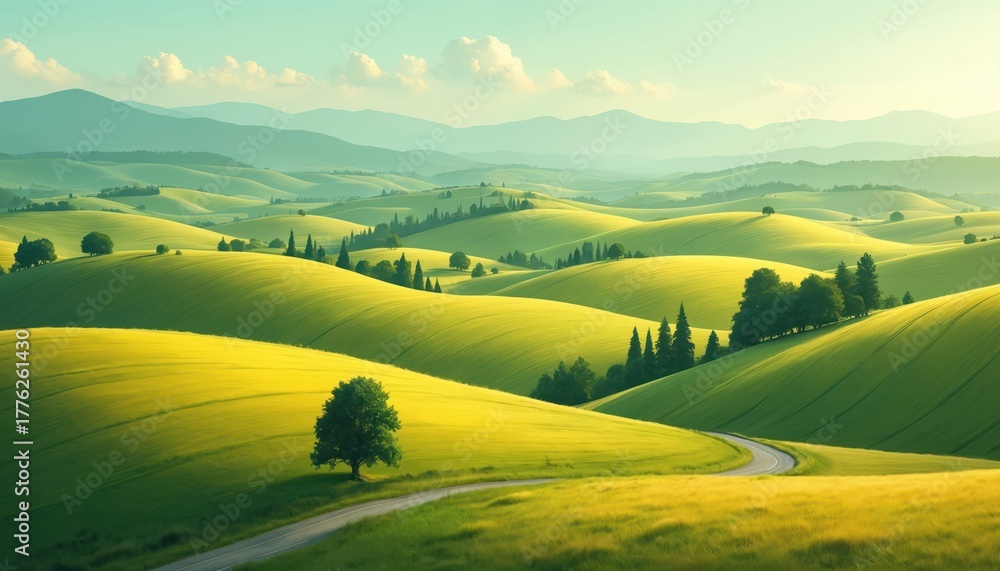 Fototapeta premium Rolling green hills stretch under vast blue sky with soft clouds. Winding asphalt road curves through vibrant fields. Scattered trees dot landscape. Distant mountains complete serene countryside