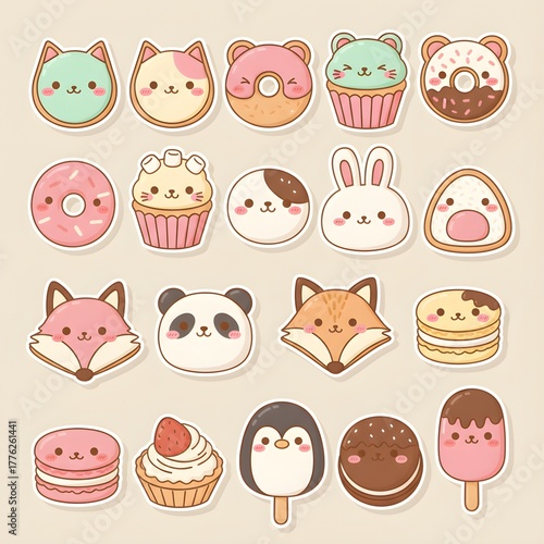 Adorable Kawaii Desserts and Cute Animal Faces Collection Sweet Donuts Cupcakes Macarons Ice Cream and Pastries Cartoon Food Illustration PNG