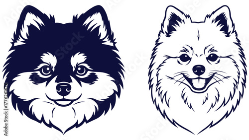 Pomeranian Front And Side Head Views, Black And White Line Art Dog Portrait Vector For Spitz Breed Branding