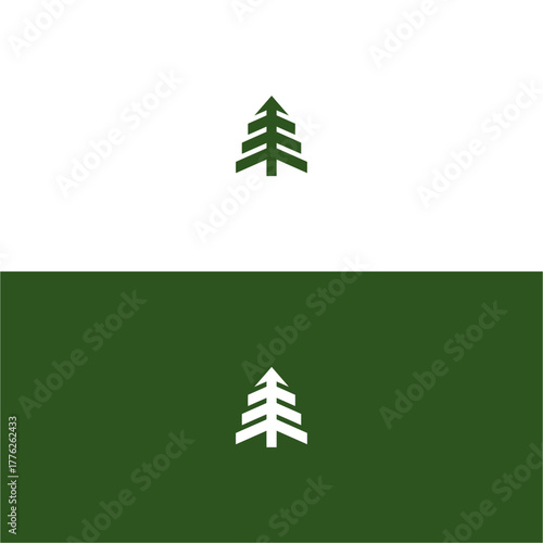 Minimalist pine tree logo designs on green and white backgrounds