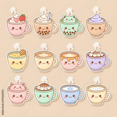 Adorable Kawaii Coffee and Tea Cups with Cute Faces in Pastel Colors Collection of Sweet Cartoon Drinks Stickers for Café and Dessert Design PNG