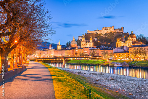 Salzburg, Austria. Old town and Salzach River, night view.