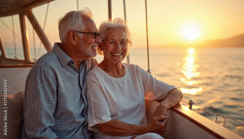 Obraz premium Happy senior couple sits on boat deck at sunset. Elderly man, woman smile, enjoy romantic sea cruise. Old people relax on luxury yacht, watch golden ocean. Share love, travel, enjoy retired life,
