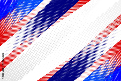 Abstract sports halftone background with dynamic red, white and blue stripes.