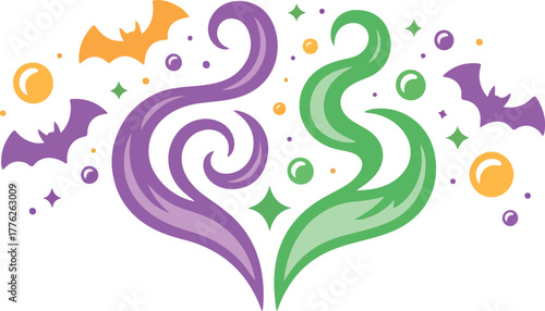 Halloween vector magic mist and bats design with purple and green smoke surrounded by twinkling stars and bubbles