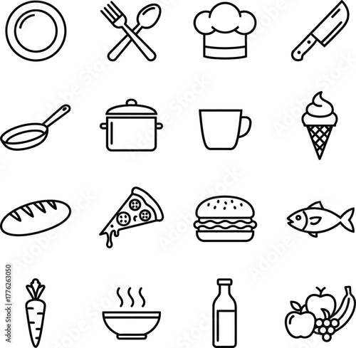 A collection of black and white line art icons depicting various food items, cooking utensils, and kitchenware.