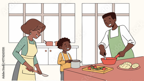 A loving african american family is cooking together in the kitchen, preparing a delicious meal with care and joy, creating a warm and inviting atmosphere