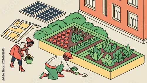 Isometric illustration of people gardening in a community garden with solar panels on the roof, promoting sustainable urban agriculture and renewable energy