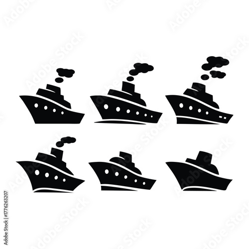 Six Black Silhouette Cruise Ship Vector Icons Travel Symbols
