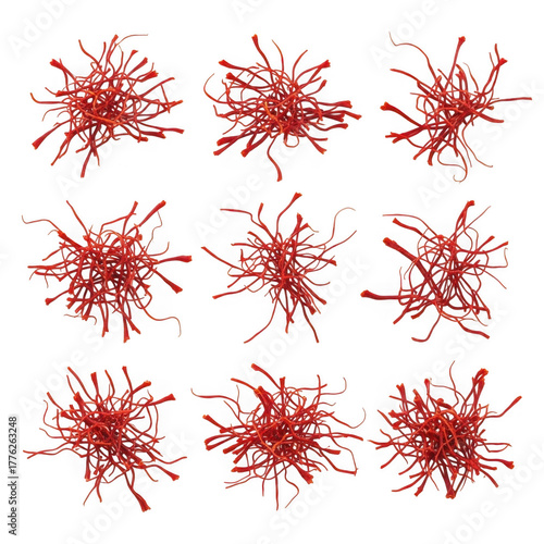 Nine abstract red organic structures with delicate tendrils isolated on transparent background