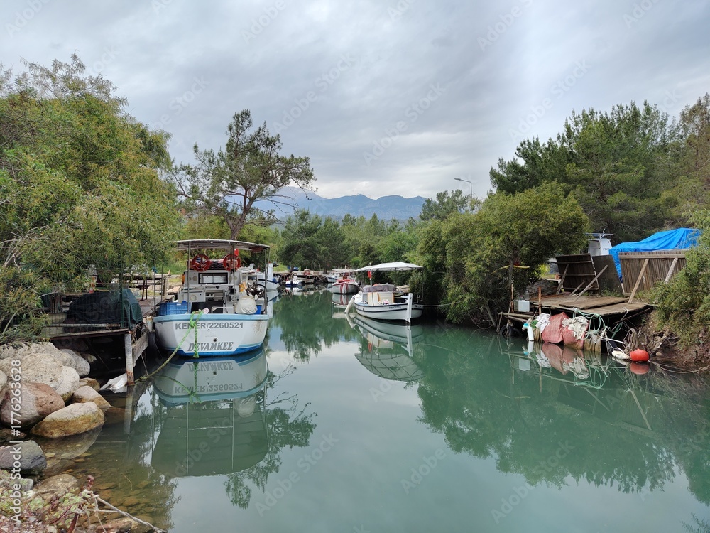Obraz premium A bay in the town of Kemer, with numerous local boats. Fishing boats