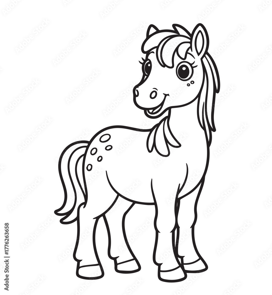 Fototapeta premium kids’ coloring pages, kids, coloring, pages, Cute cartoon outline pony is standing and happily smiling with transparent background