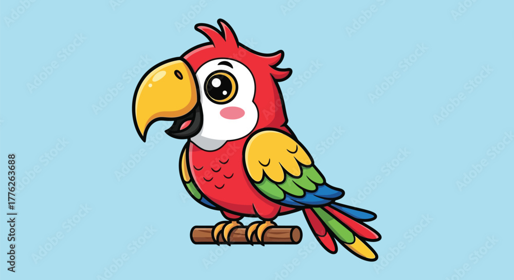 Obraz premium A cute and colorful cartoon parrot with red, yellow, and green feathers is perched on a small wooden branch against a light blue background.