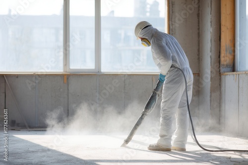 A worker in full protective hazmat clothing and respirator vacuums dust from a concrete floor in a bright building under construction