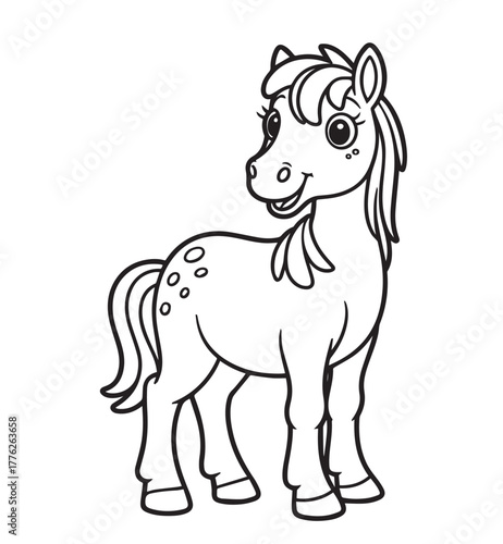 kids’ coloring pages, kids, coloring, pages, Cute cartoon outline pony is standing and happily smiling with transparent background