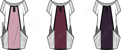 Fashionable tunic tops for women, showcasing unique color blocking and functional pocket designs