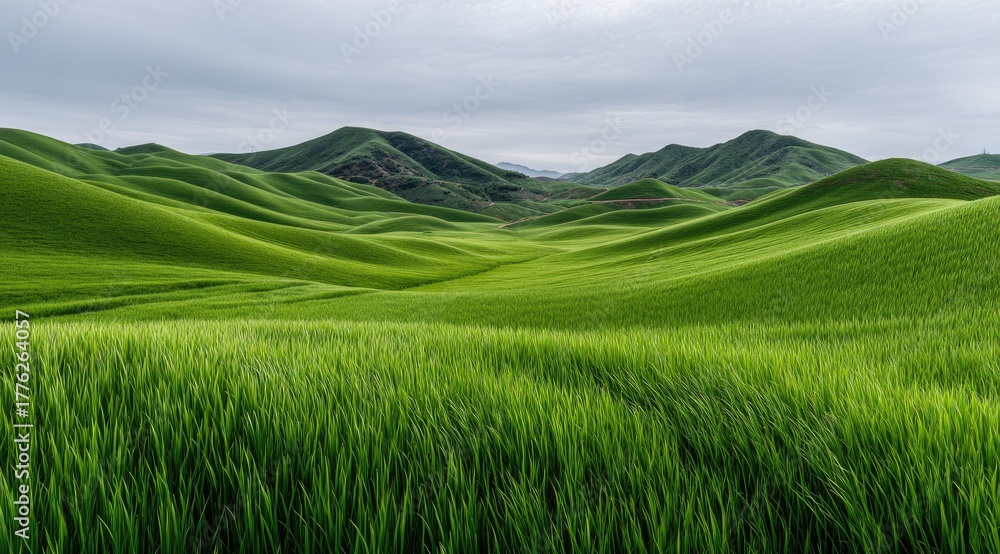 Obraz premium Rolling green hills under a cloudy sky. Lush, vibrant landscape