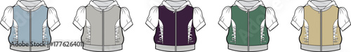 Illustrative set featuring diverse hooded sleeveless vests in a spectrum of colors, ideal for modern apparel design, casual wear concepts, and sportswear fashion templates