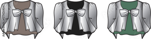 Fashion illustration of elegant women's short bolero jackets, each design featuring a prominent decorative bow. Multiple color options showcase versatile shrugs for sophisticated layering