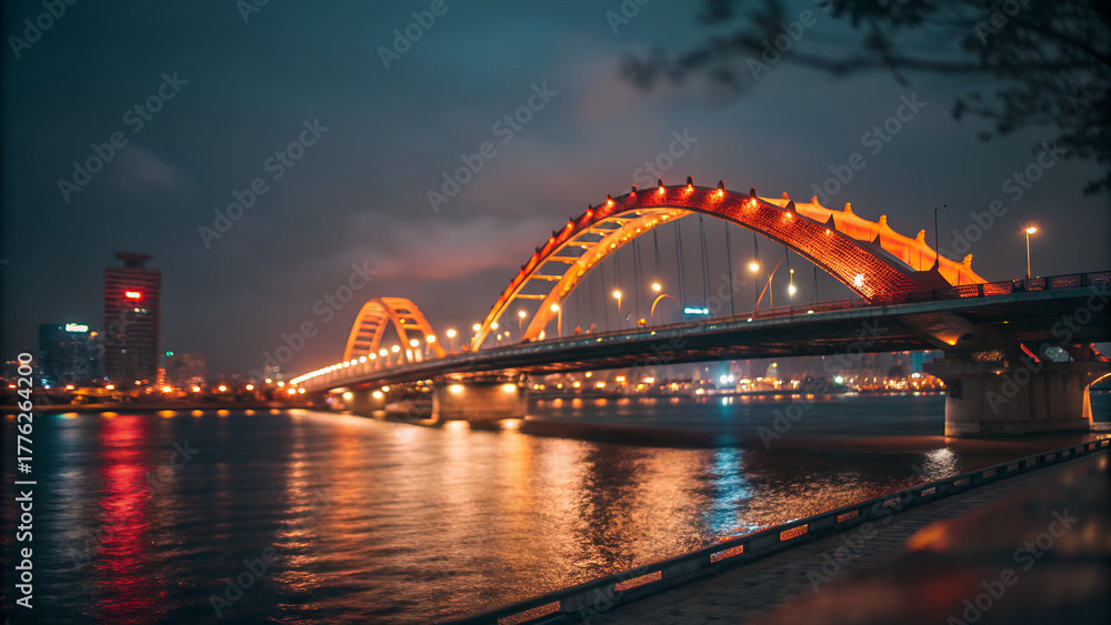 Fototapeta premium Tilt-shift angle capturing Da Nang's Dragon Bridge in Vietnam illuminated at night, arching over the Han River with city lights in the background, miniature effect composition for depth, dramatic fier