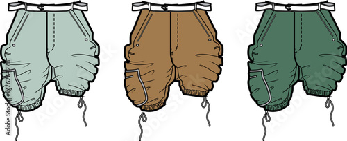 Fashion illustration featuring three pairs of comfortable cargo shorts in distinct colors, ideal for highlighting practical and trendy casual bottom apparel designs