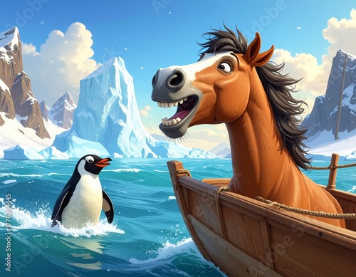 2 - Le pingouin demande au cheval s'il veut l'emmener dans sa barque