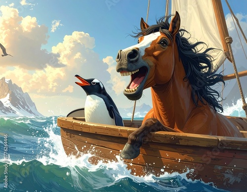 4 - Le cheval est heureux d'emmener le pingouin dans sa barque