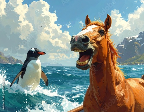 3 - Le cheval réfléchit à la proposition du pingouin