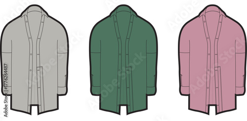 Fashion design template set featuring a vector flat sketch of a jacket or cardigan in multiple color variations for apparel concepts