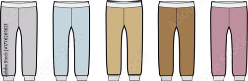 Illustration of various colored athletic pants with a waistband and cuffs, ideal for design concepts