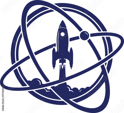 Rocket launching into space with orbital rings representing technology and scientific advancement isolated vector