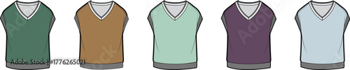 Collection of five different colored V-neck sweater vests with ribbed trim and grey collars