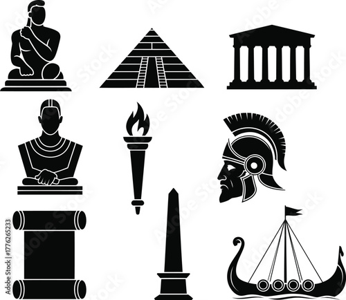 Ancient civilization icons including pyramid and Roman helmet