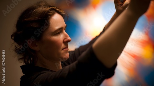 upper. Creative professional immersed in work, surrounded by vibrant abstract colors symbolizing ideas. wellbeing guides, coaching materials, designed for coaching and self-improvement content.